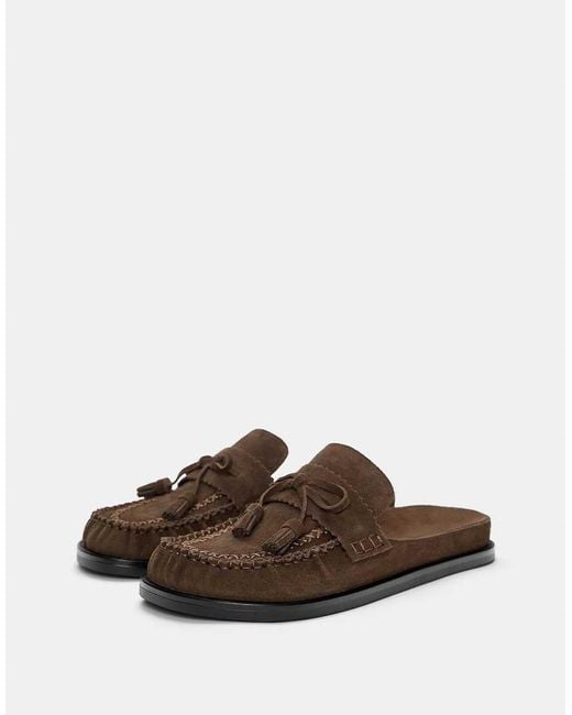 Pull&Bear Brown Leather Tassel Clogs