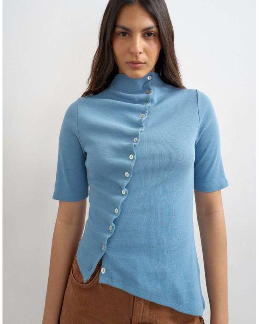 TOPSHOP Blue High Neck Ruffle Button Through Half Sleeve Top