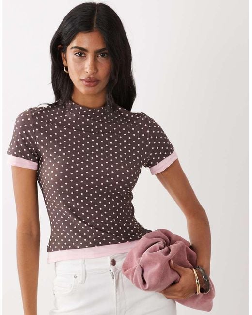 ASOS Brown Short Sleeve Double Layer Polka Dot Top