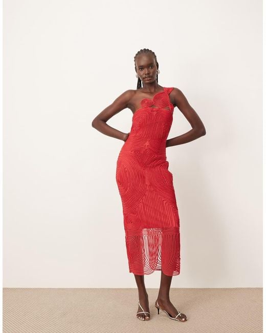 ARRANGE Red Embroide Satin Cornelli One Shoulder Maxi Dress