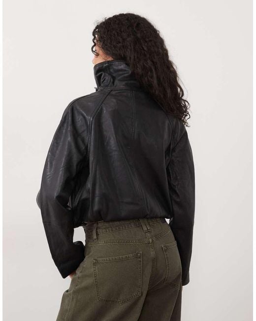 Mango Gray Funnel Neck Statement Leather Jacket