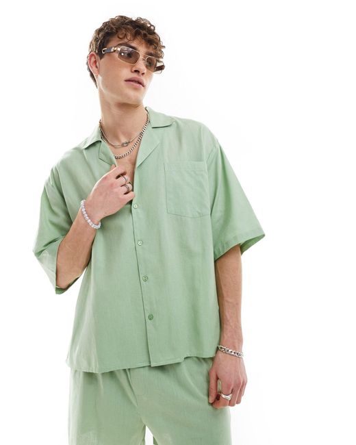 Collusion Green Linen Beach Oversized Revere Shirt Co-ord for men