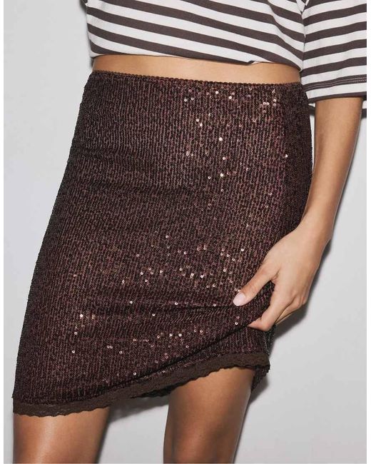 Stradivarius Brown Sequin Midi Skirt