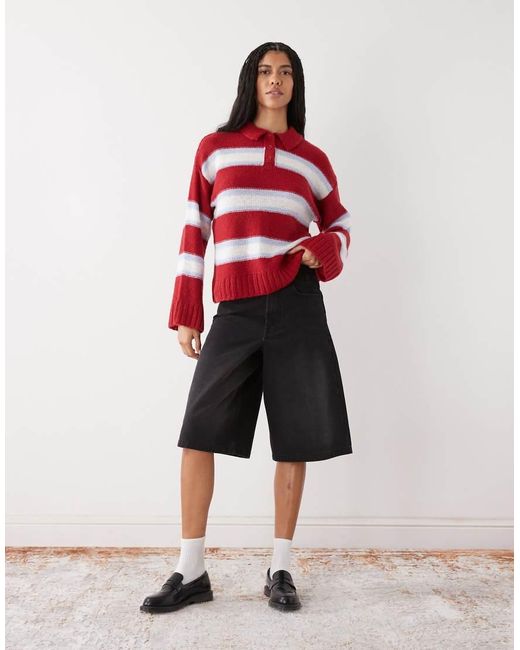 Reclaimed Vintage Red Stripe Flare Sleeve Jumper With Collar Detail
