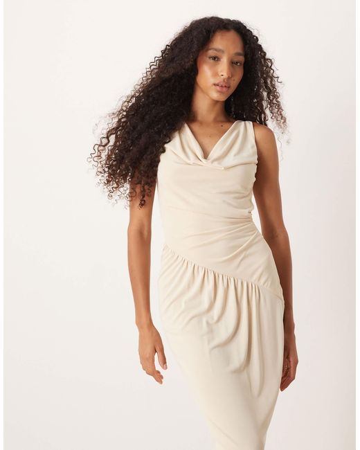 ASOS Natural Asym Cowl Ruched Midi Dress