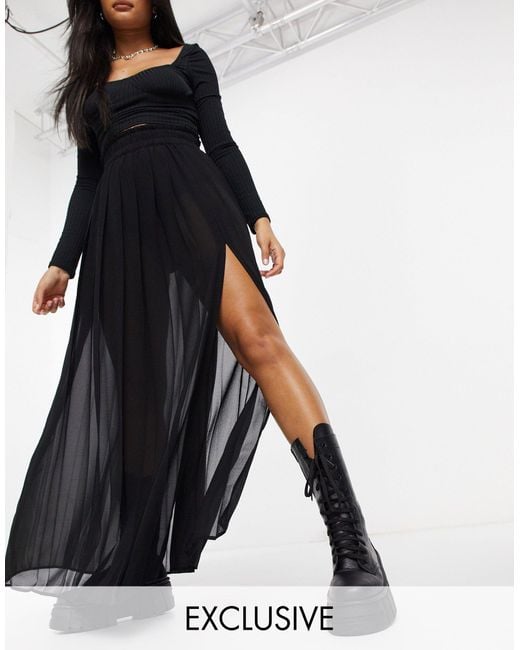 Collusion Black Sheer Pleated Maxi Skirt With Slit