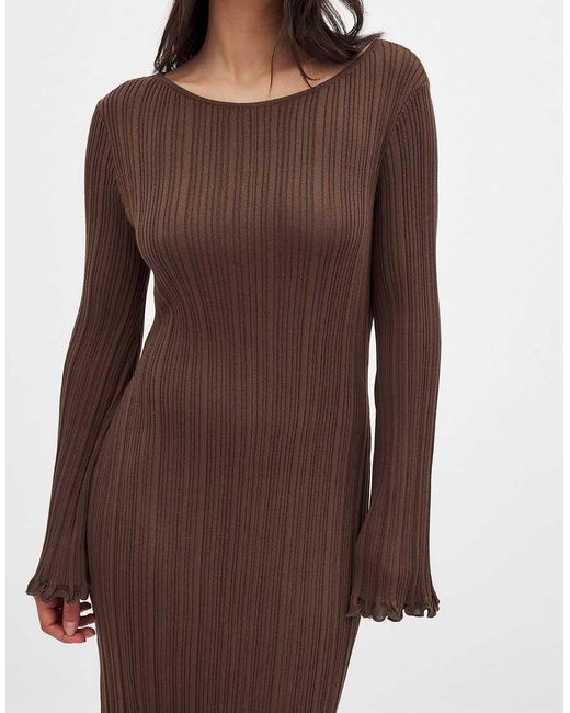 NA-KD Brown Knitted Round Neck Frill Maxi Dress