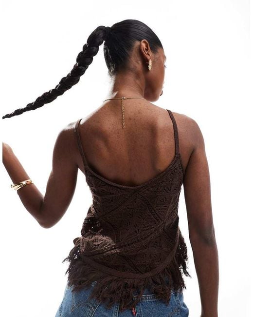 ASOS Brown Crochet Knit Top With Fringing And Tie Back