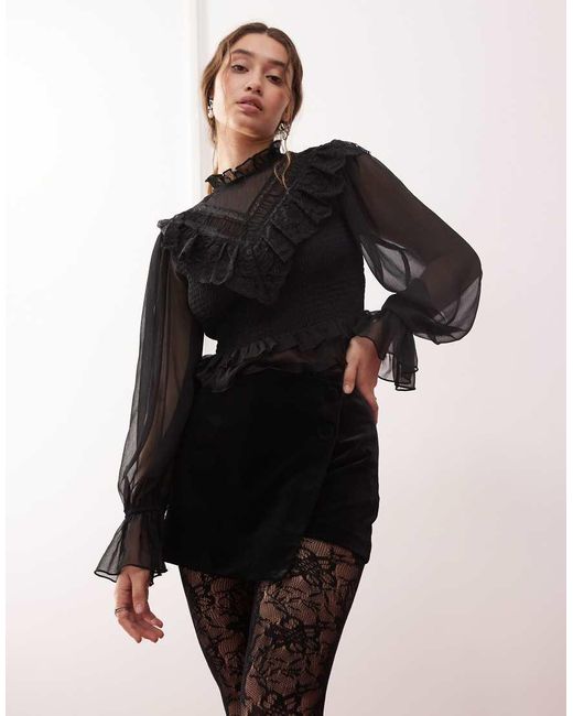 Miss Selfridge Black Velvet Wrap Button Detail Skort
