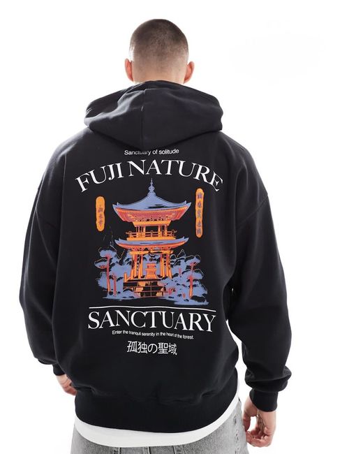 Felpa Oversize Nera Con Cappuccio E Stampa "Sanctuary" Sul Retro di Only & Sons in Blue da Uomo
