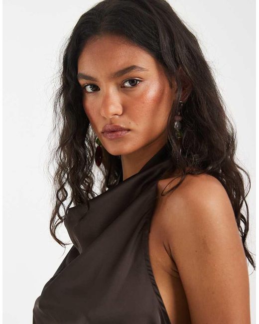 Pieces Brown Halter Neck Satin Asymmetric Hem Top