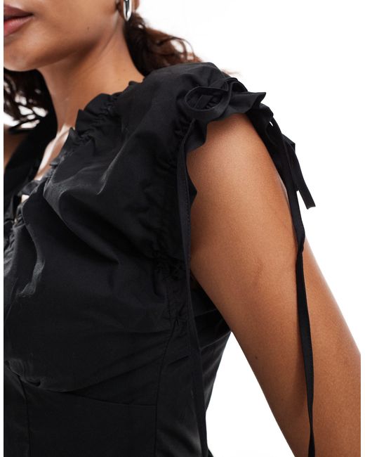 Urban Revivo Black Tie Detail V-neck Cotton Mini Dress