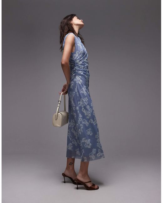 & Other Stories Blue Mesh Midi Dress With Drape Detail