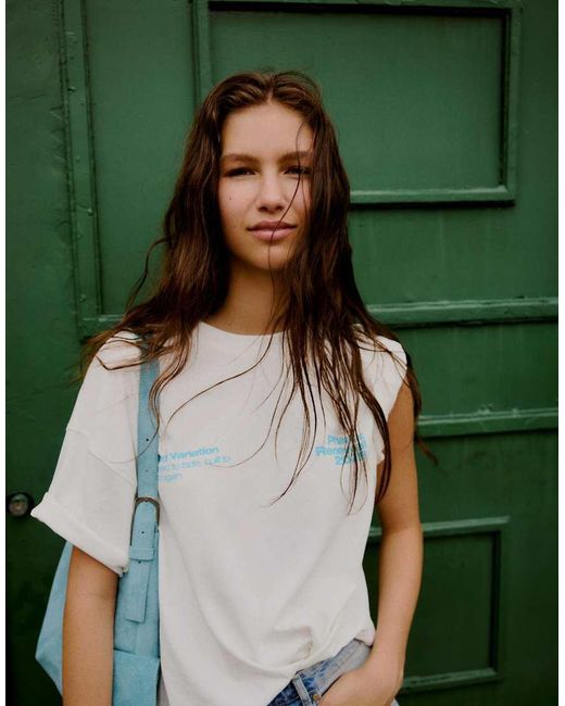Bershka Gray Short Sleeve Boxy Print T-shirt