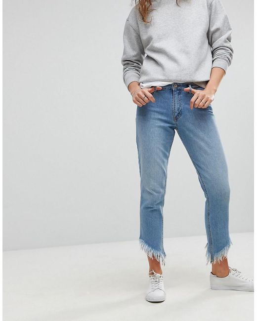 ONLY Denim Straight Leg Frayed Jeans in Blue | Lyst