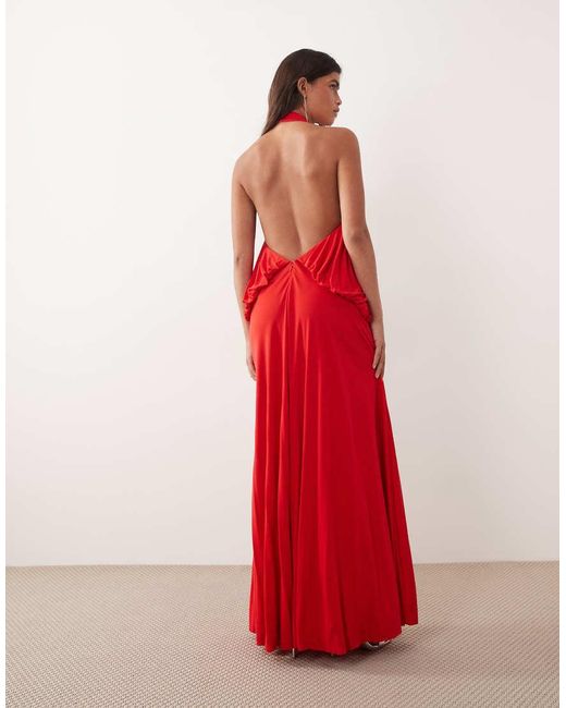 ARRANGE Red Blouson Bodice Low Back Halter Maxi Dress