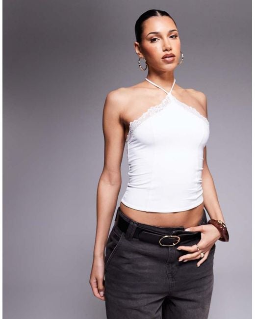 ASOS Gray Slinky Lace Trim Halter Top