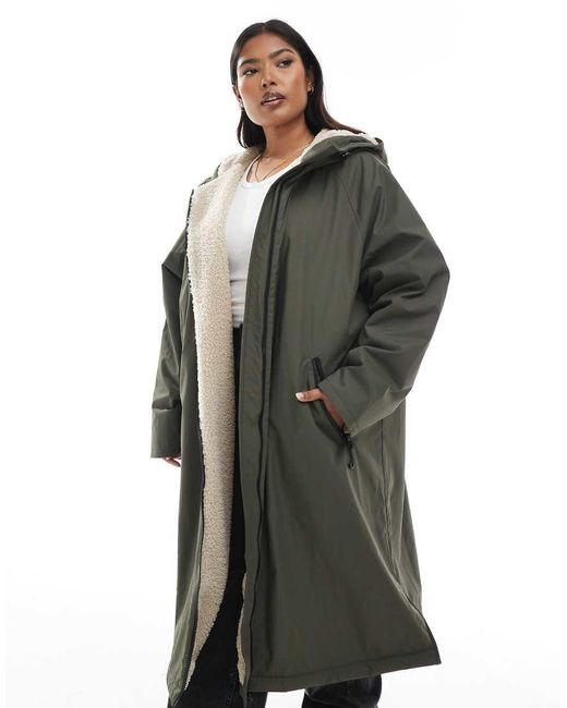 ASOS Green Asos Design Curve Longline Fleece Lined Rain Coat