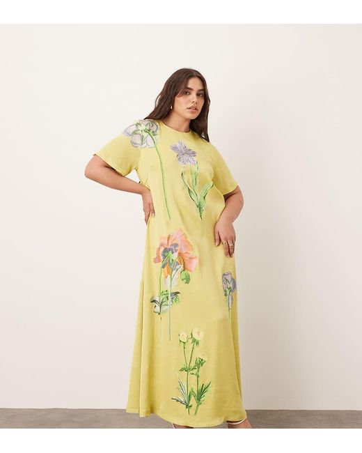 ARRANGE Metallic Curve Satin Floral Embroidered T-shirt Maxi Dress