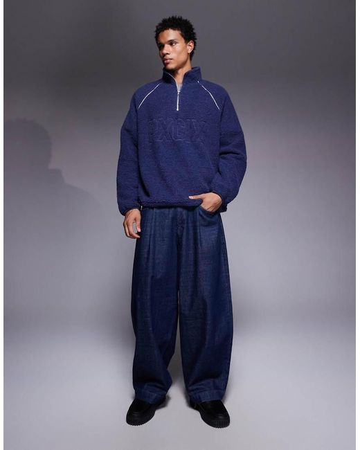 ASOS Blue Funnel Neck Borg Sweatshirt With Chest Print for men