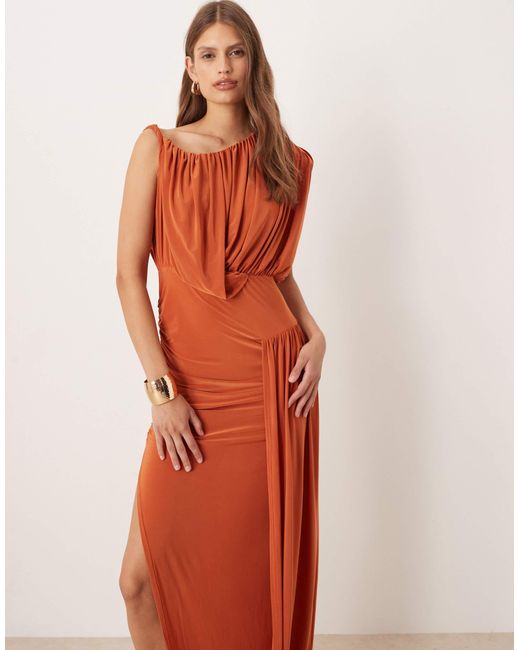 ASOS Orange Slinky Midi Dress With Drape Detail