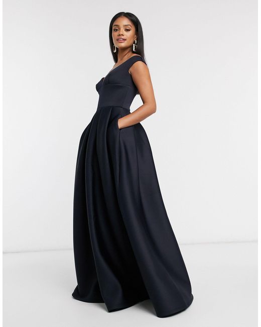 True Violet Black Label Bardot Prom Maxi Dress With Pockets in Blue | Lyst