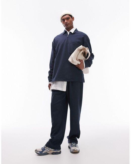 Topman Blue Oversized Fit Smart Jersey1/4 Zip Polo for men