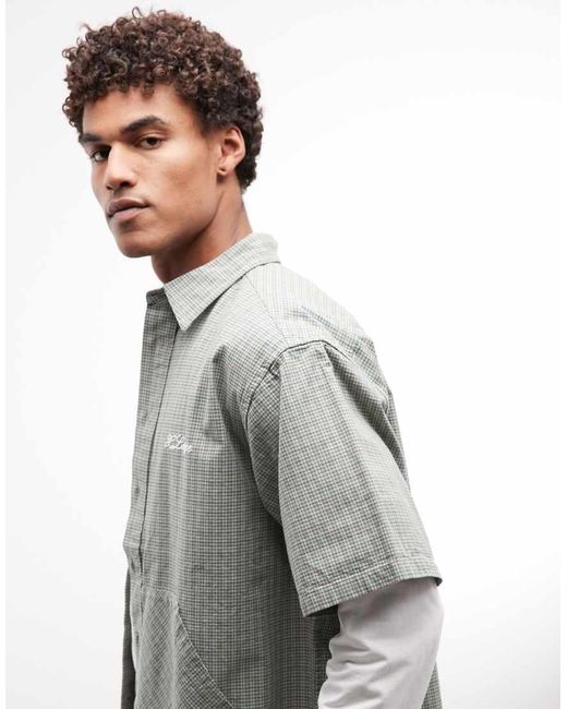 Xlarge Gray Check Double Checked Short Sleeve Shirt With Kangaroo Pockets for men