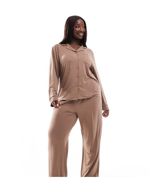 Loungeable Brown Curve Super Soft Jersey Revere Top And Wide Leg Pyjama Set With Piping Detail