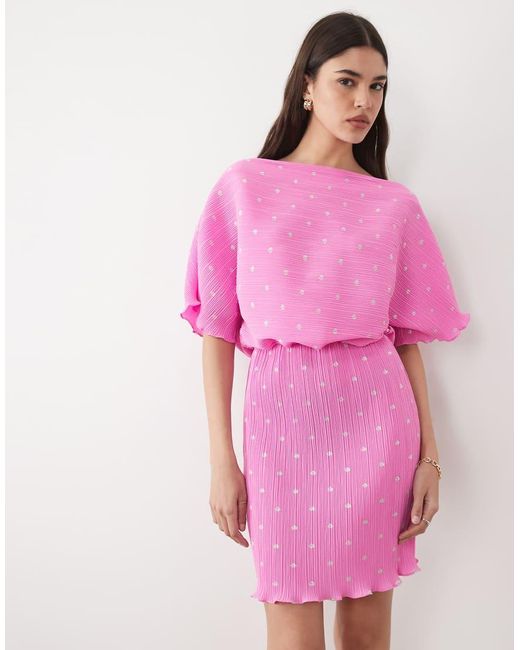 Never Fully Dressed Pink Tilly Off Shoulder Plisse Mini Dress