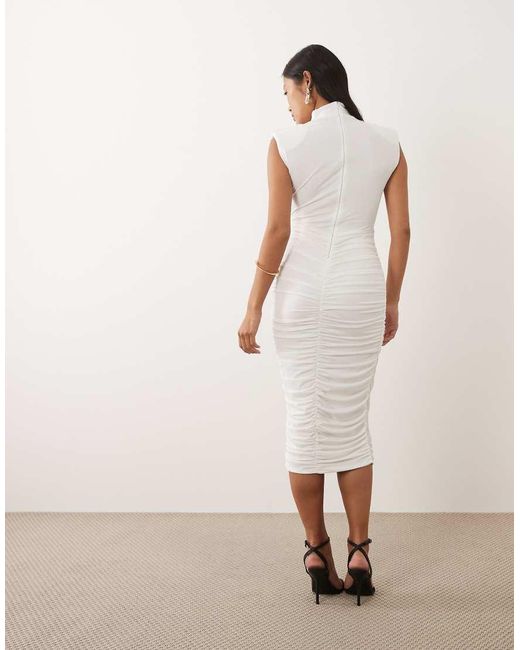 TFNC London Pink Slinky High Neck Shoulder Pad Drape Detail Midi Dress