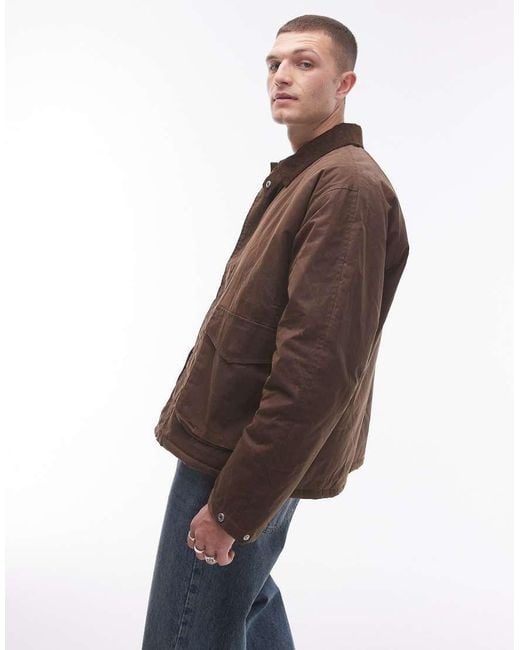 Topman Brown Wax Look Jacket With Faux Fur Collar for men