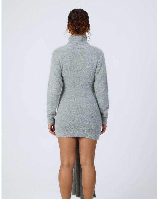 Aria Cove Gray Fluffy Knit Turtle Neck Knot Front Drape Detail Mini Dress