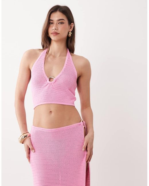 Kulani Kinis Pink Knit Halter Crop Top With Ring Detail