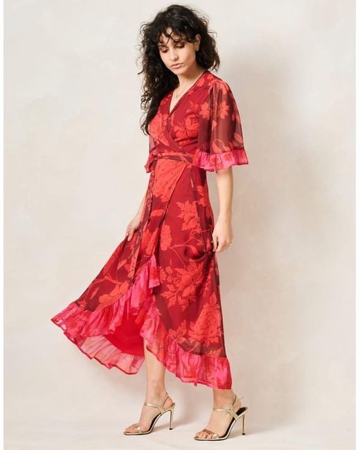 Hope & Ivy Red The Celestine Petite Contrast Frill Maxi Wrap Dress With Tie Waist