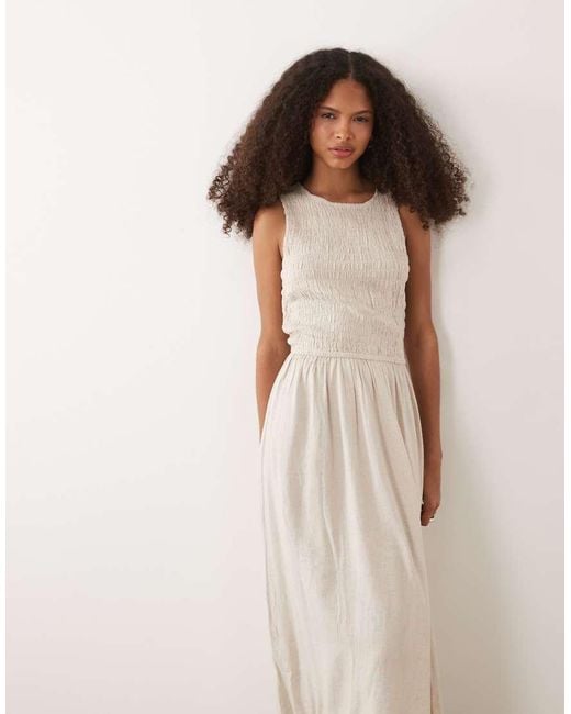 River Island Natural Linen Look Shirred Midi Dress