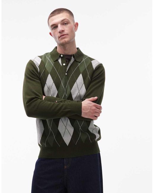 Tommy Hilfiger Green Argyle Pattern Long Sleeve Knitted Rugby Polo Shirt for men