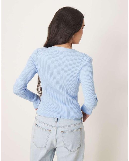 ASOS Blue Button Front V Neck Ribbed Cardigan With Frill