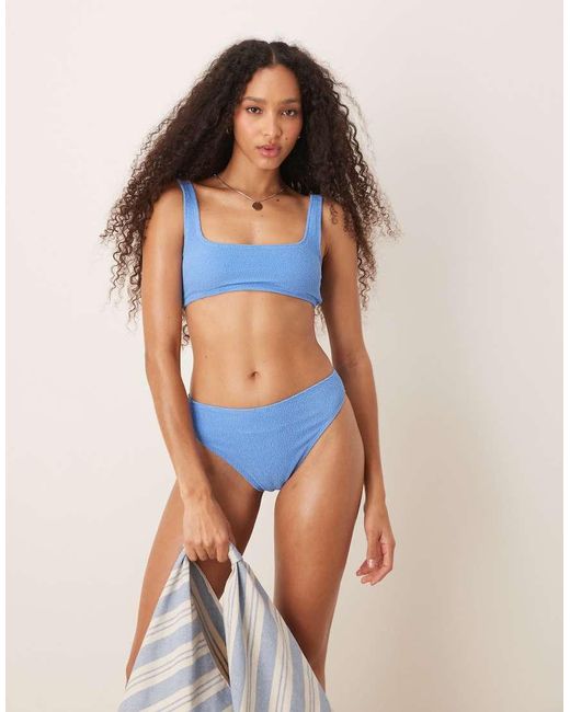 & Other Stories Blue Mix And Match Crinkle Scoop Front Bikini Top With Low Back