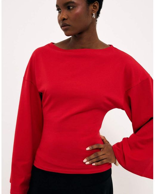 NA-KD Red Soft Cotton Wide Sleeve Jersey Top
