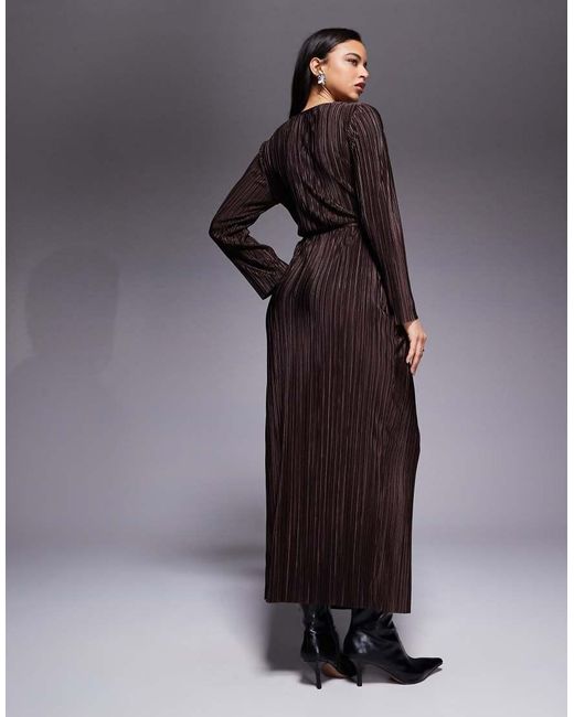 ASOS Gray Plisse Long Sleeve Wrap Tie Waist Maxi Dress