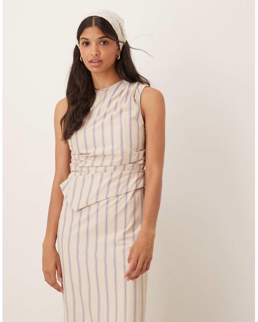 ASOS Natural 2 In 1 Drape Midi Dress With Stripe Bodice In Stone Stripe