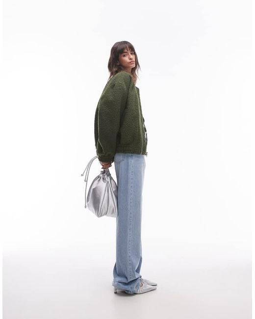 TOPSHOP Green Boucle Bomber Jacket