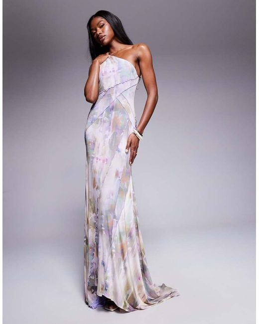 ASOS Purple Mesh One Shoulder Exposed Seams Maxi Dress With Full Hem