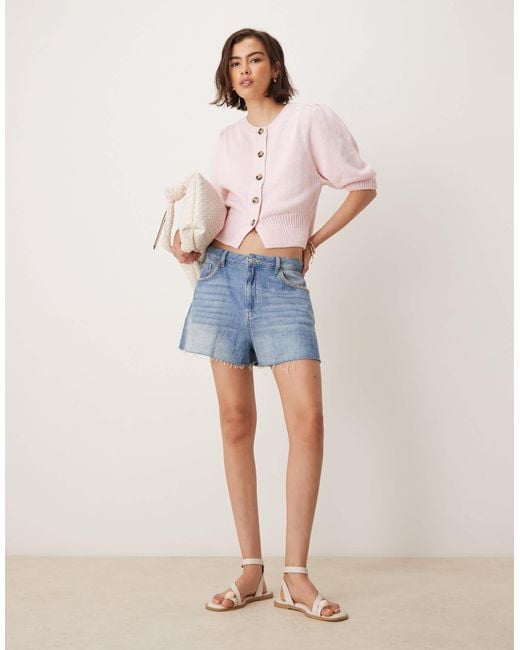 ASOS Natural Crew Neck Cardigan With Puff Sleeve
