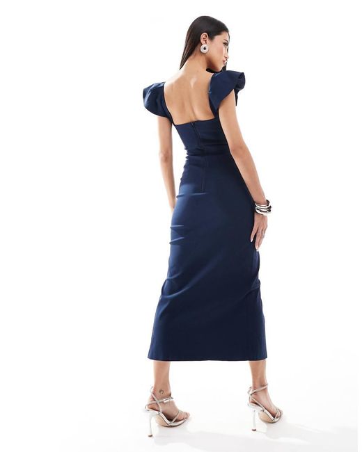 Vesper Blue Square Neck Ruffle Sleeve Side Split Midaxi Dress