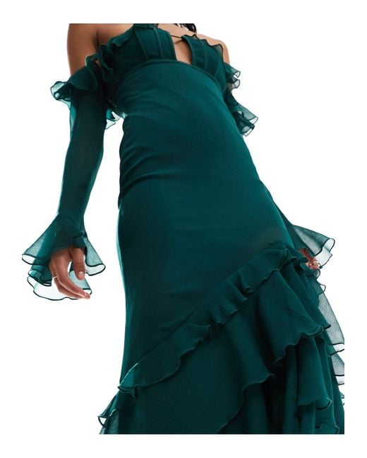 ASOS Blue Corset Bust Bardot Maxi Dress With Ruffle Detail