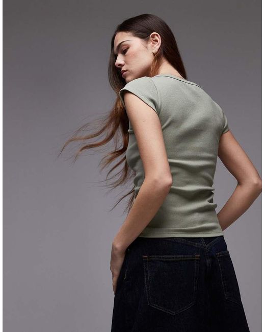 TOPSHOP Gray Square Neck Ribbed Cap Sleeve Tee