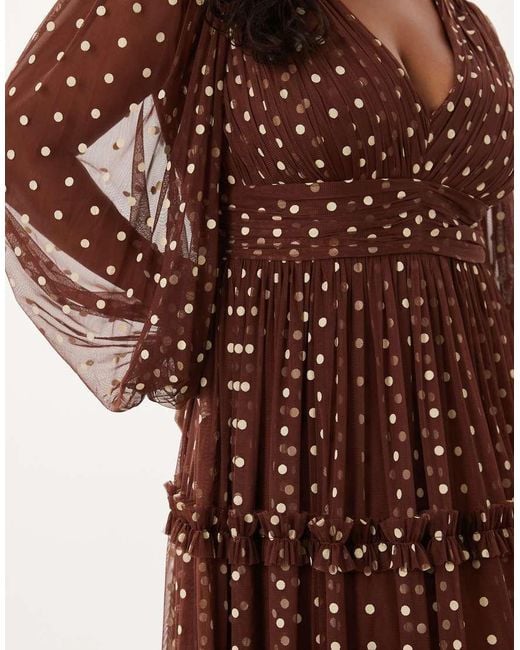 Lace & Beads Plus Brown Tulle Sheer Balloon Sleeve Plunge Neck Tiered Maxi Dress