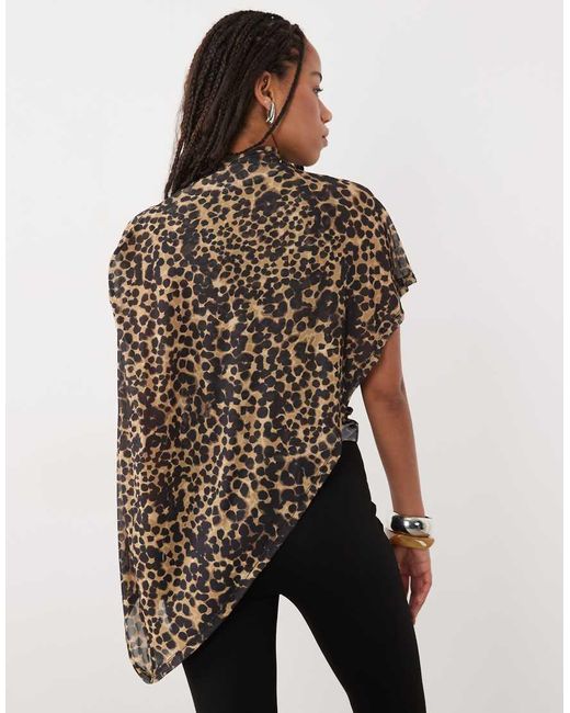 ASOS Brown Sheer Mesh Asymmetric Cape Shoulder Top
